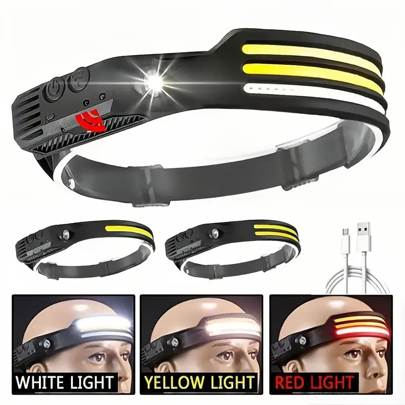 1pc Multifunction COB Silicone Headlamp Type-C Charging Red & White & Yellow 3 Tone Light Can Be Used For Outdoor Running Night 