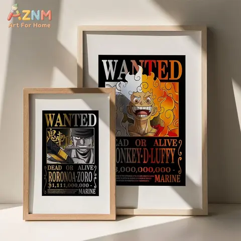 AZNM One Piece Luffy Gear 5 & Zoro Wanted Poster Anime Frameless Canvas Wall Art, Retro Bounty Poster Manga Home Living Room Dec