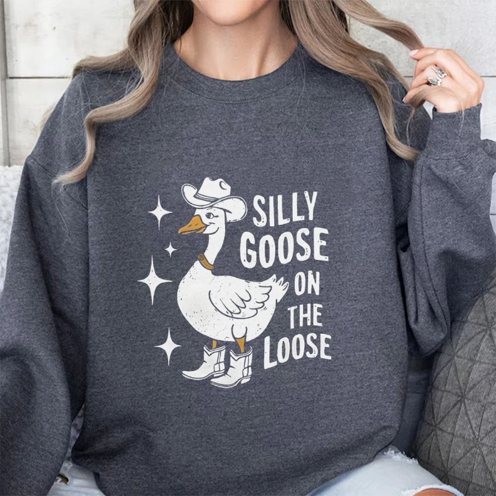 Silly Goose Graphic Sweatshirt Trendy Comfort Colors Long Sleeve Shirt Funny Halloween Town Fall Casual Hoodies Tops