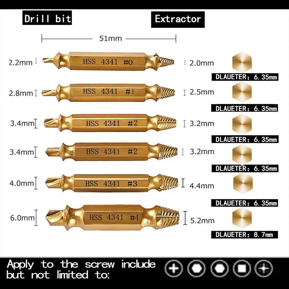 6pcs Damaged Screw Extractor Drill Bit Set Stripped Easily Take Out Broken Screw Bolt Remover Extractor Demolition Tools Set