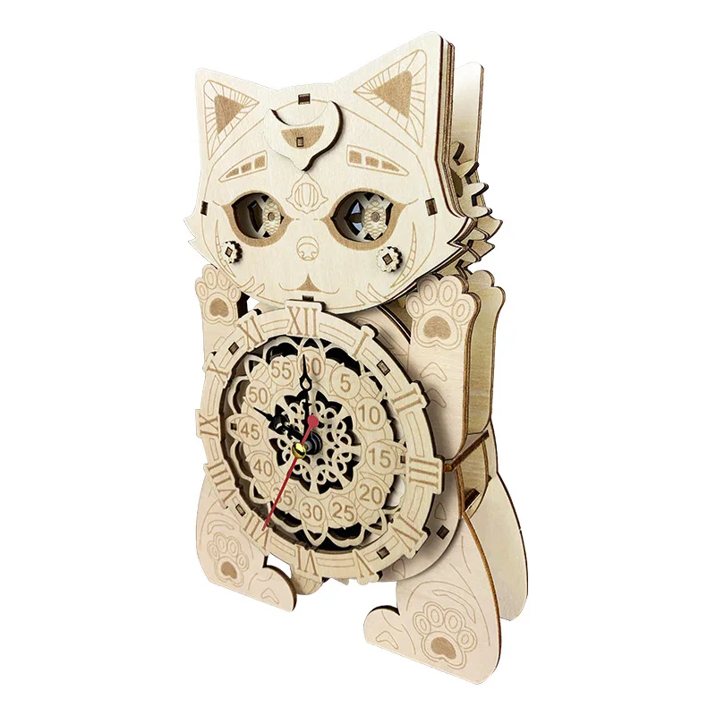 3D Wooden Puzzle Cat Clock Creative Desktop Decoration for Hotel Home Indoor