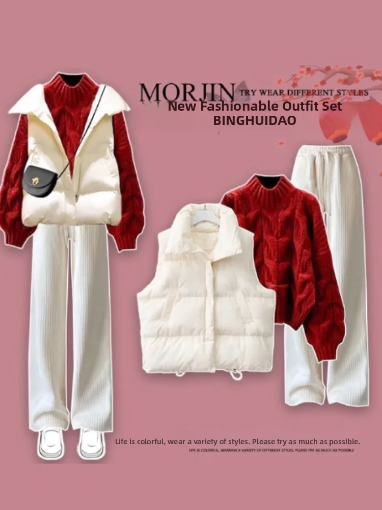 حجم كبير الخريف الشتاء مجموعة المرأة لطيف Sle الأحمر محبوك سترة القطن Jaet سترة Fce اصطف سراويل تقليدية المحملة قطعة...