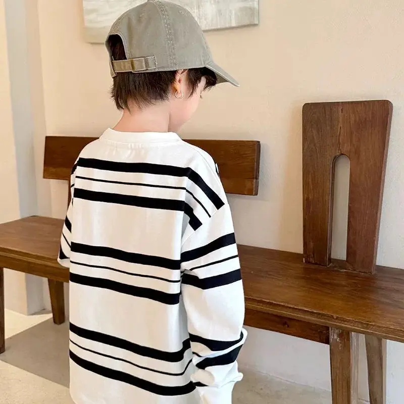 Boys' Striped Print Long Sleeve Shirt Loose Spring And Autumn Bottom Tops Korean Fashionable Handsome Round Neck Sweatshirt