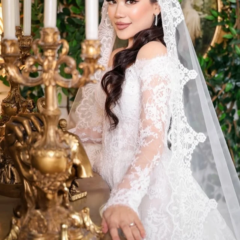 

Shiny Lace ivory Appliques Wedding Dresses of A-line long sleeves decal Bridal Gowns Made Customized