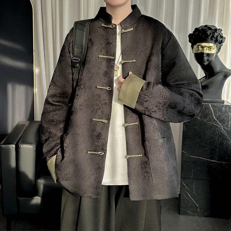 

New Chinese Sle Men's irt Jaet Casual Hidden Pattern Button down Coat Youthful Spring Autumn Outerwear Stand Fit