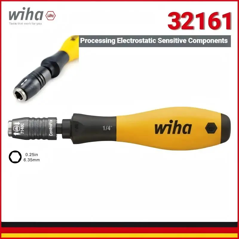 

WIHA 32161 Stubby Screwdriver Handle | 1/4in ESD SoftFinish | Centre Tight Locking Bit Holder for Mechanics 7148C