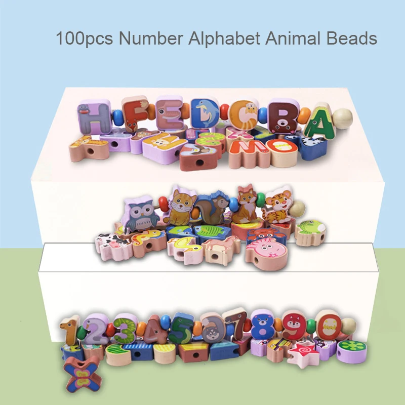 100pcs Children DIY Wooden Lacing Beads Toy Cartoon Digital Alphabet Animal Cognition Kids Montessori Educational Toy baby Gifts