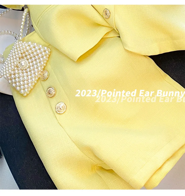 Women Vintage Fragrant Matching Yellow Outfits Shirt Tops And Short Two Piece Set 2023 Summer New Prom Party Pant Suit Clothing