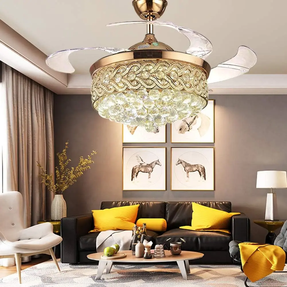 42 Inch Retractable Crystal Ceiling Fan with Light & Remote, Invisible Chandelier Ceiling Fan Lighting with 3 Lighting Levels and 3 Speeds for Living Room and Dining Room