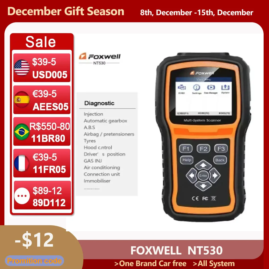 Foxwell NT530 Multi-System Scanner OE-level Universal Auto Diagnostic Tools Support for BMW Benz Porsche Nissan MITSUBISHI GM A+