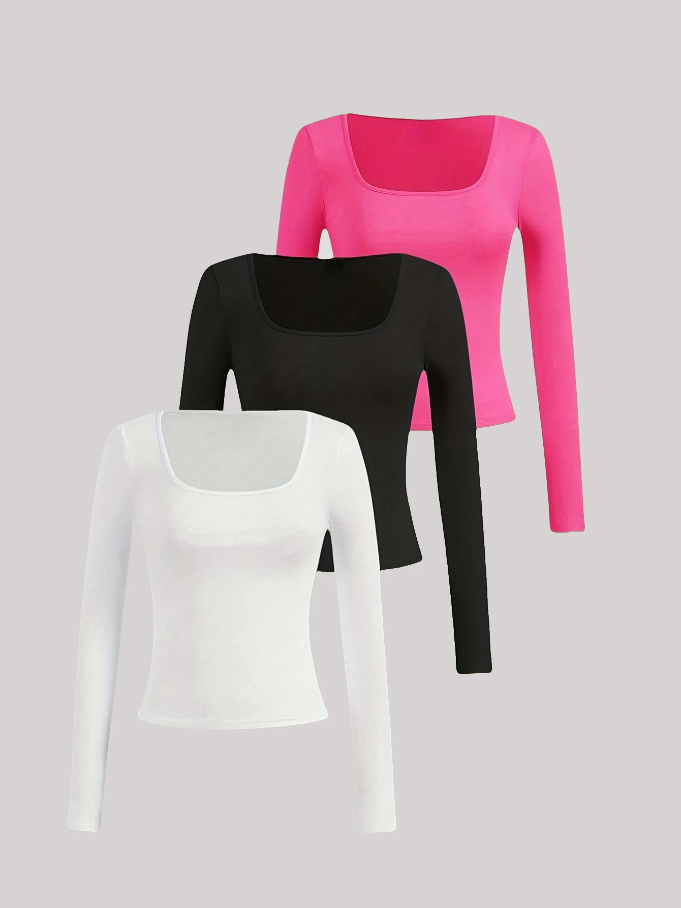 

Square-neck casual knit long-sleeve T-shirt set of three pieces, with comfortable ribbed fabric, perfect for layering.