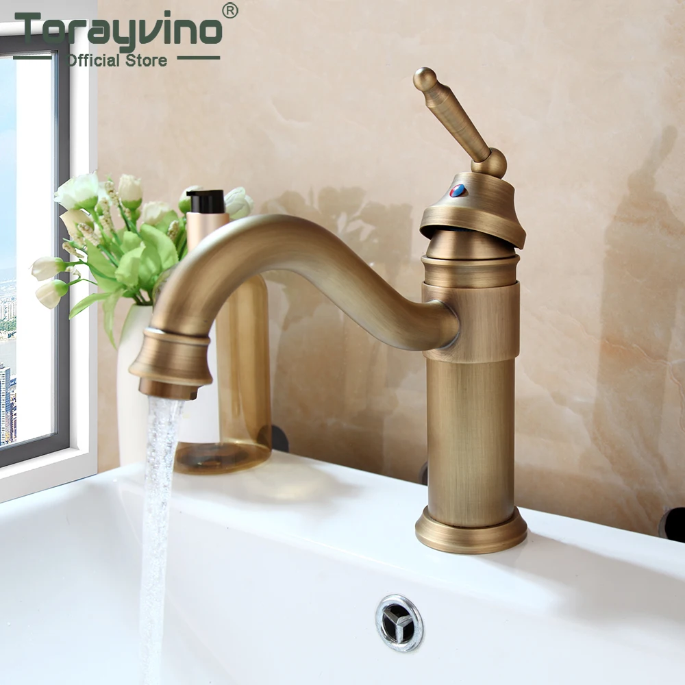 

Torayvino Antique Brass Vintage 360 Swivel Bathroom Faucet Single Handle Basin Sink Deck Mounted Faucet Mixer Water Tap