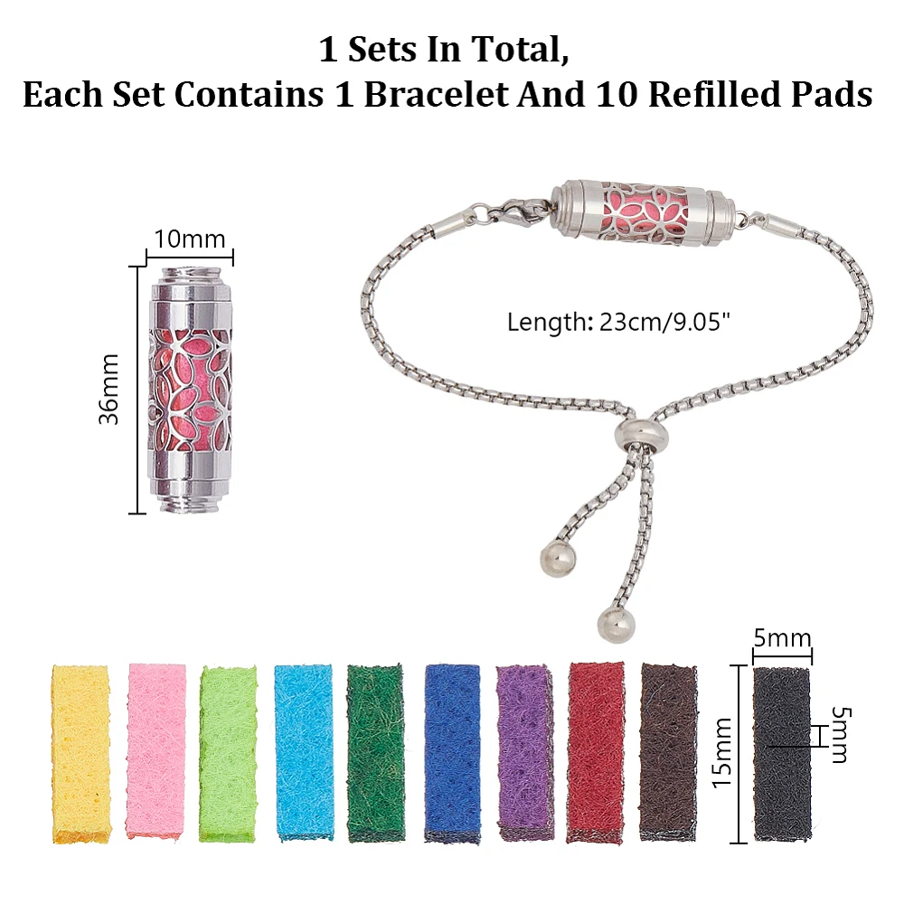 Essential Oil Diffuser Bracelet 9-1/8 Inch(23cm) Long Stainless Steel AdjustableColumn Slider Bracelets with 10 Pcs Refill Pads