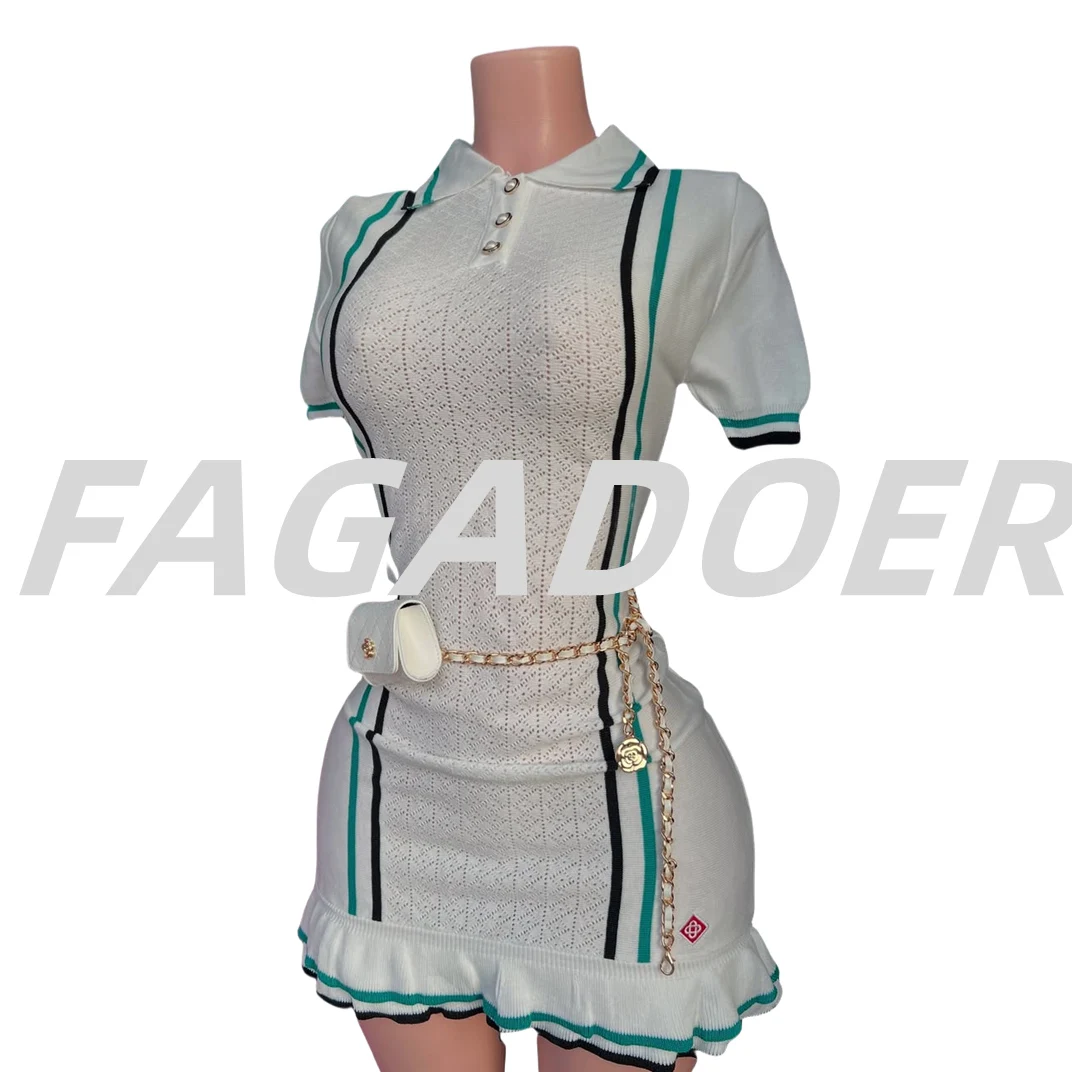 FAGADOER Casual Knit Mini Dress Women Fashion White Buttons Stripe Ruffle Patchwork Bodycon Dresses Female Vestidos 2025 New