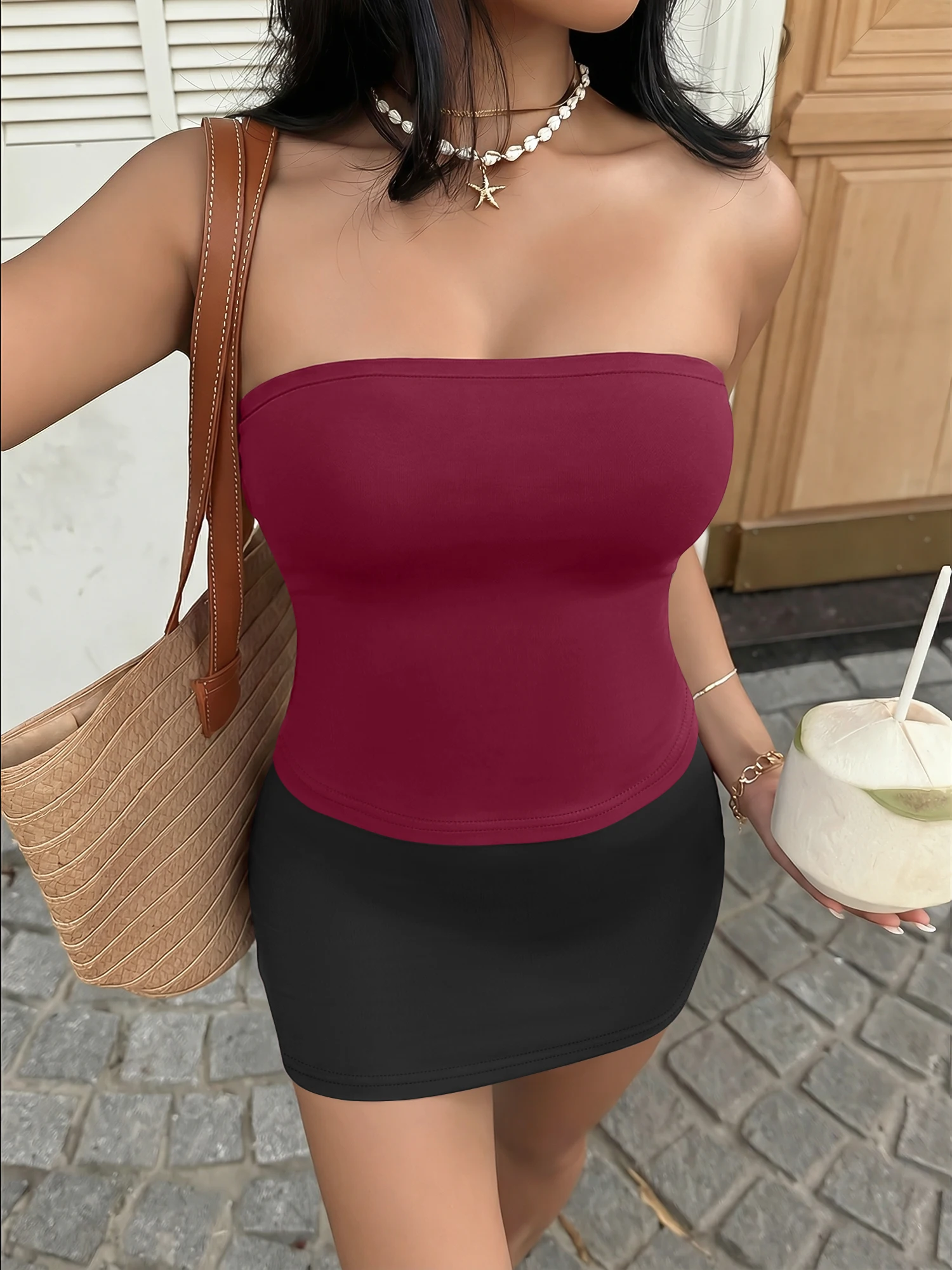 

Summer Breathable Strapless Tube Crop Top Mini Skirt Set Women Slim Fit 2 Piece Outfit For Vacation