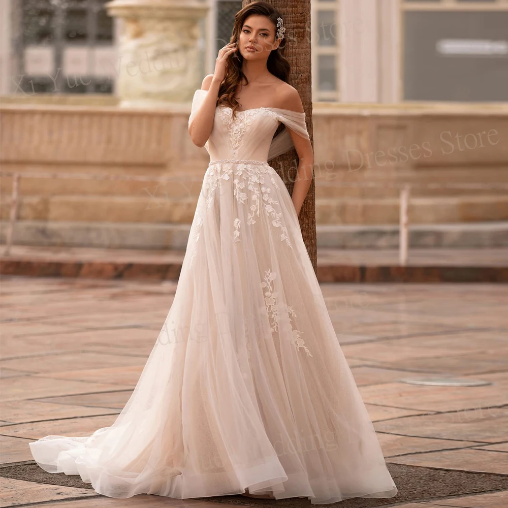 

Elegant Charming A Line Sweetheart Wedding Dresses Off The Shoulder Appliques Backless Tulle Bride Gowns Button Robe De Mariée