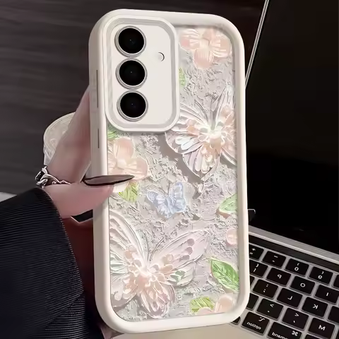 Oil Painting Butterfly Case For Samsung Galaxy S25 Edge S24 S23 S22 Ultra S21 FE A56 A55 A54 A53 A35 A15 A25 A34 A16 Soft Cover