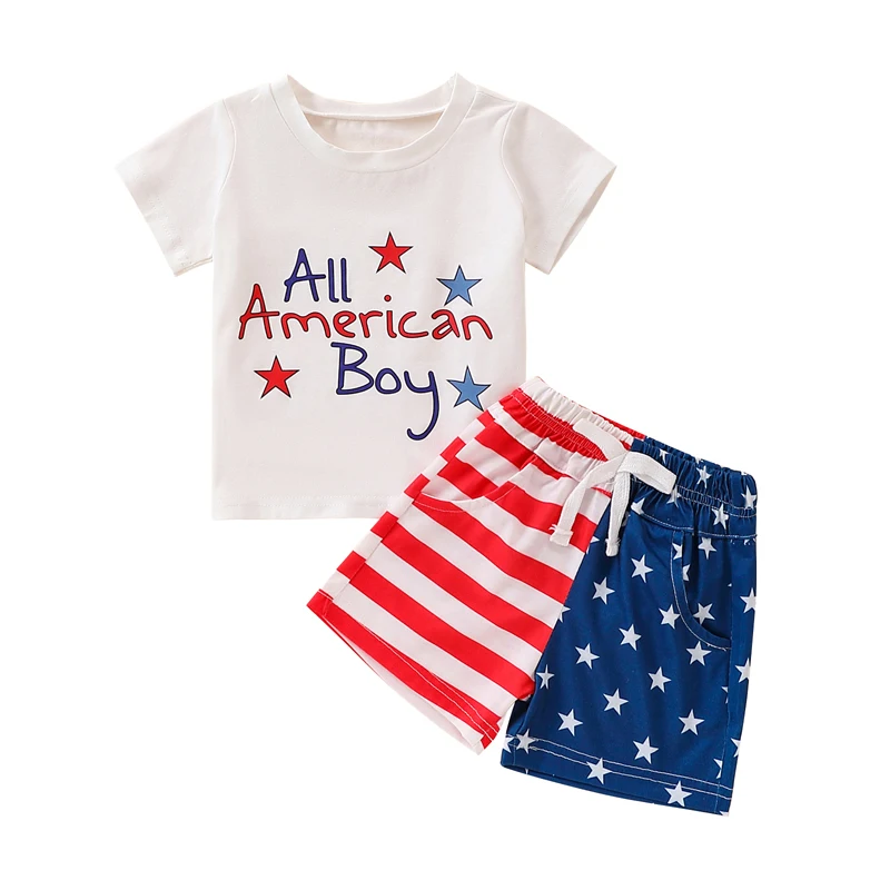 Kids Boys Shorts Set Short Sleeve Letters Print T-shirt with Stars Stripes Shorts for Independence Day