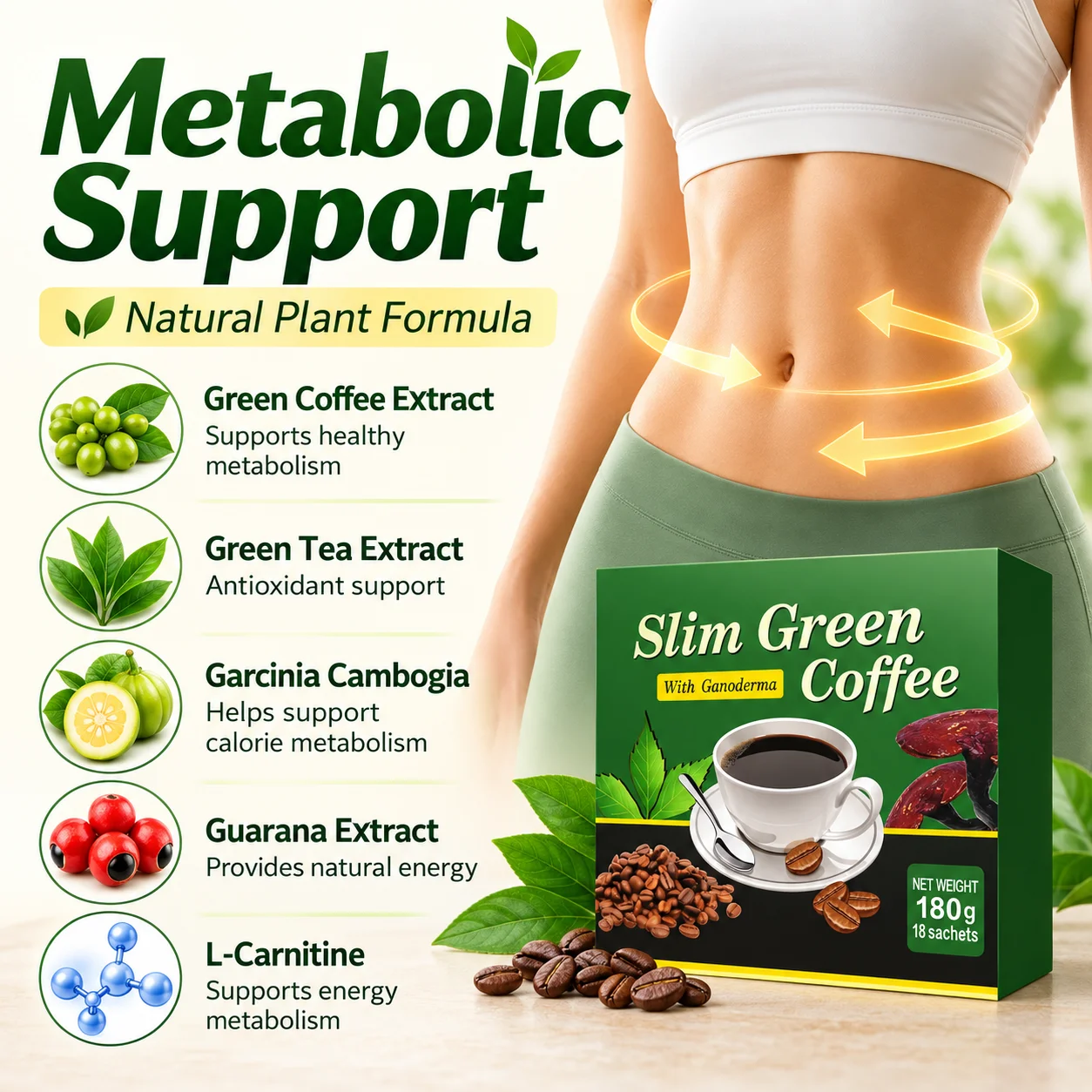 Slim Green Coffee for Metabolic Support & Mental Focus, Daily Energy, Green Tea, Guarana, Ginseng, L-Carnitine, 18 Sachets