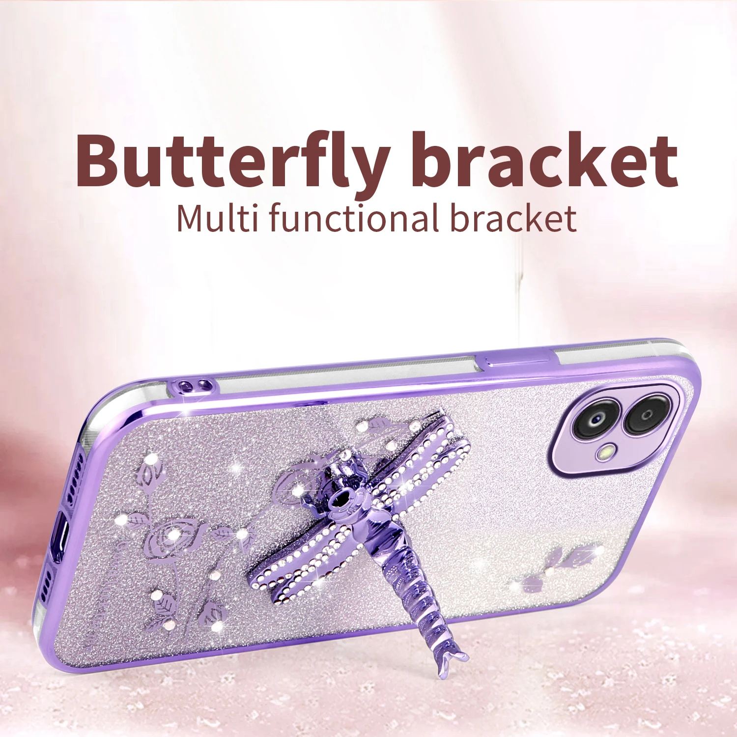 For Samsung Galaxy F14 F06 F34 F15 F23 F13 F54 F17 Glitter Phone Case Butterfly Holder TPU Silicone Soft Cover Plating Cases