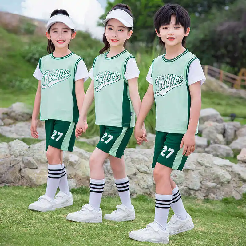 

Children's Sports Clothing, Green Short Sleeved Top Letter Printed Loose Shorts Fashion Casual Girls' Boys' Basketball Clothes