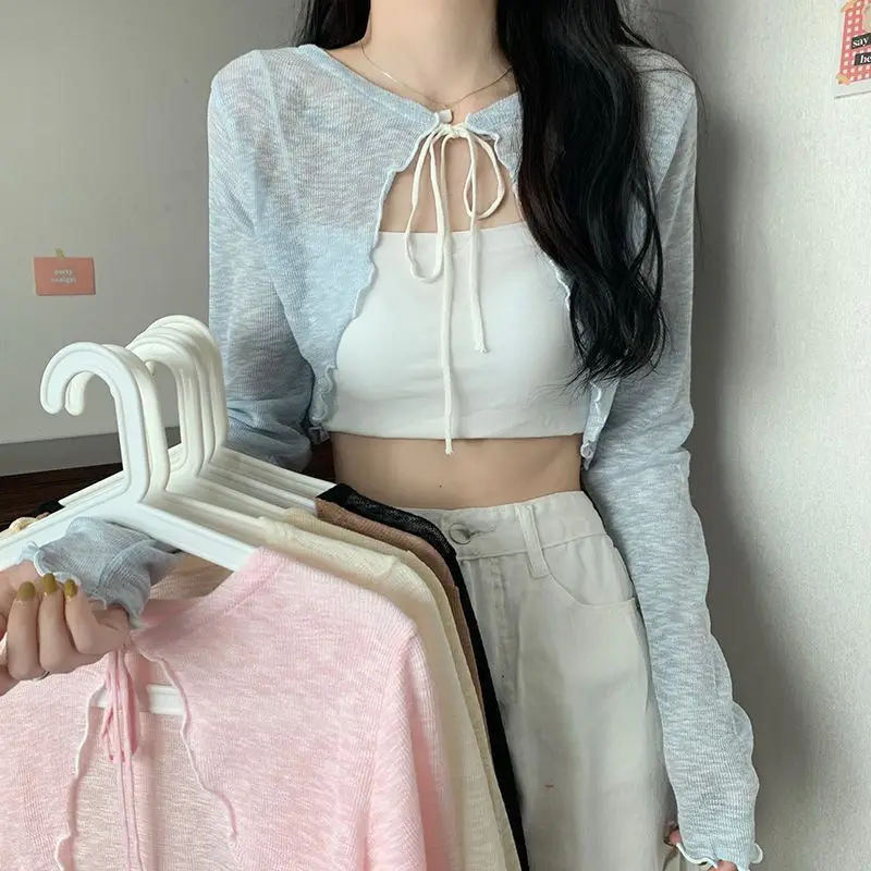 

Summer Thin Casual Sunscreen Lace-Up Tops Sweet Long Sleeve Short Coats Fashion Solid Color Cropped Cardigan For Women Girls