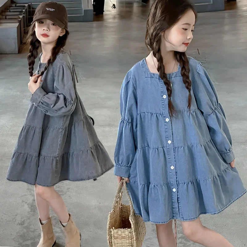 Girls spring and autumn long-sleeved denim dress 2024 new Korean middle-aged and older children's princess dress cake dress