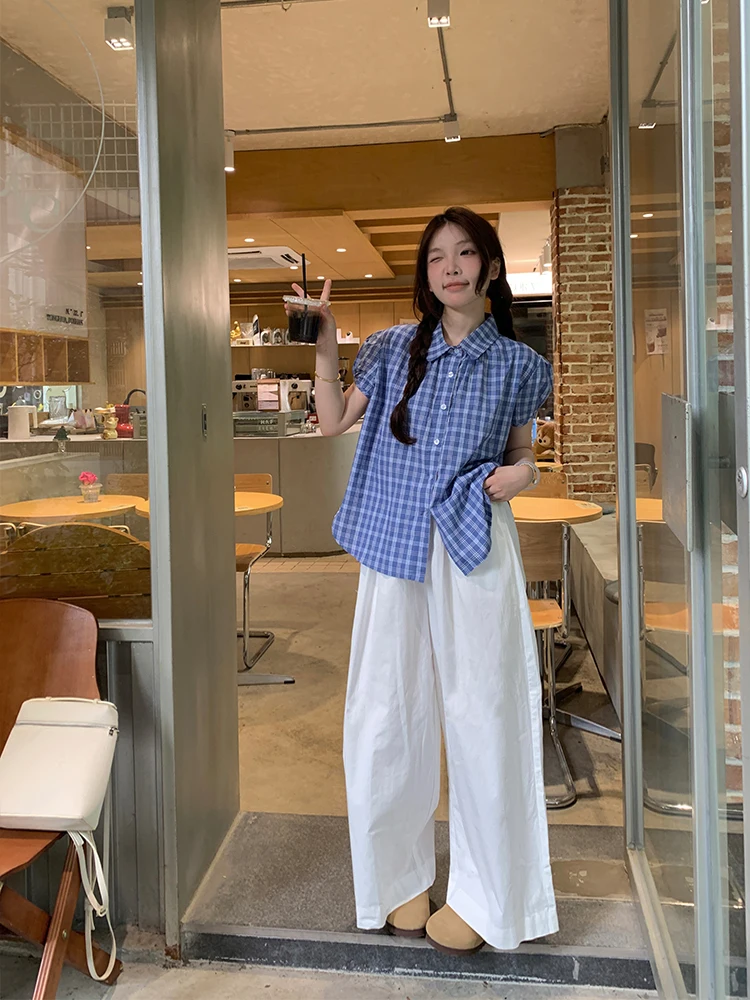 

Summer Design Turn-down Collar ort Sve Loose Women's irt Korean Sle Chic Blue Plaid Trendy Top Polyester Fiber