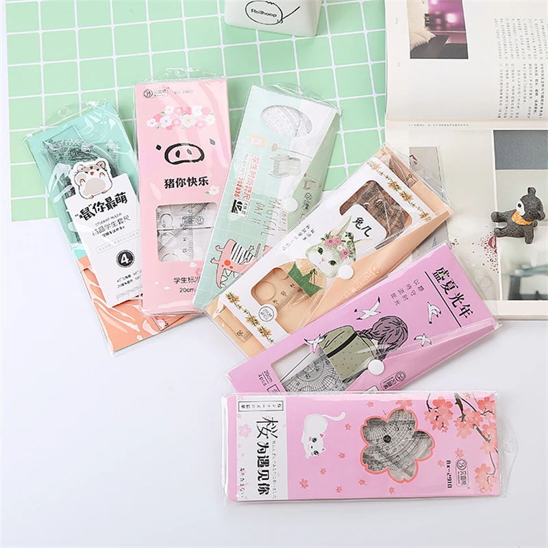 4pcs/set Kawaii Cartoon Ruler Set School Maths Geometry Set Triangular Protractor Cute Rulers Math Student Stationery