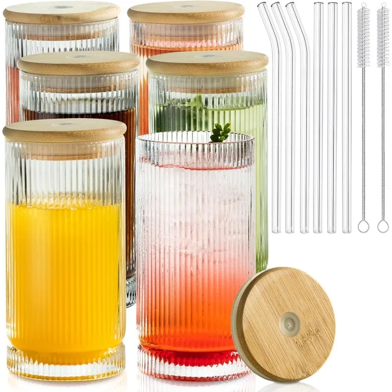 Vintage-Style 16oz Tall Drinking Glasses: Set of 6 Ribbed Glassware with Lids and Straws - Perfect for Cocktails, Smoothies,