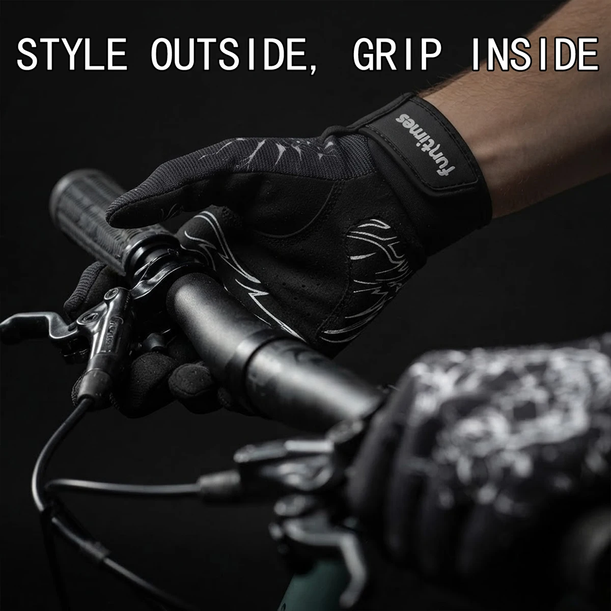 Black and white flame vine skeleton geometric print full finger touchscreen riding gloves with adjustable Velcro wristband