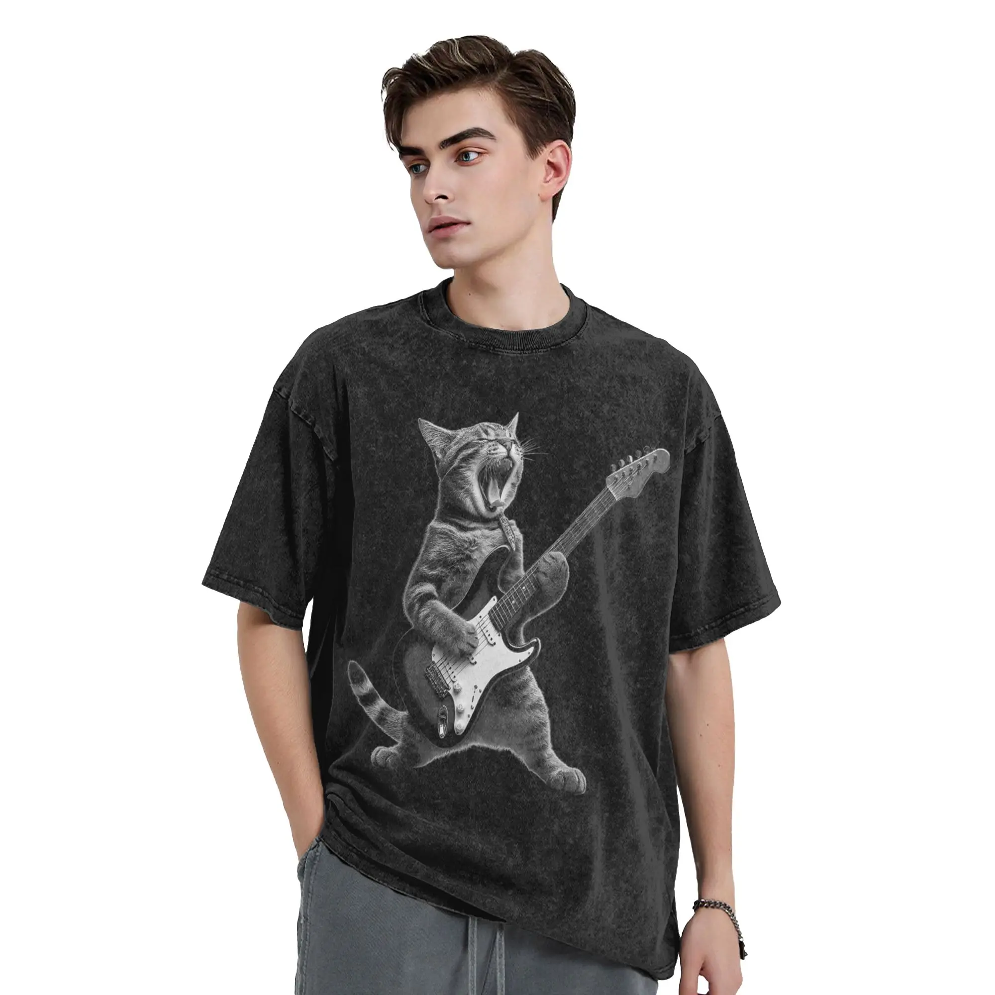 Funny Cat Playing Guitar Rock and Roll Washed T-Shirt Couple  Aesthetic Casual T Shirts Summer Harajuku Tee Shirt Oversize Tops