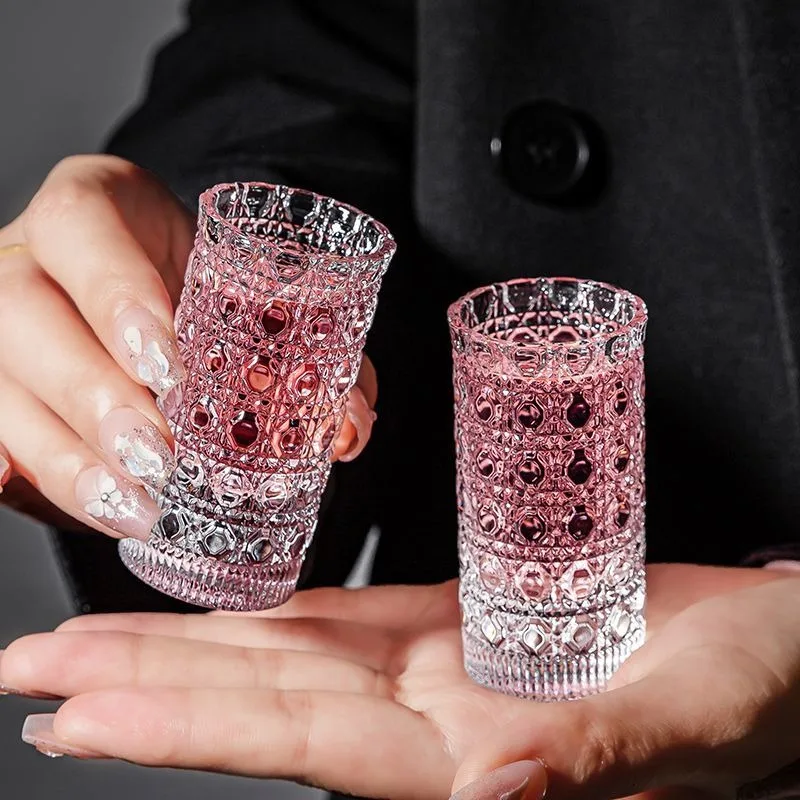 Thickened Glass Mini Water Cup Set Luxury Transparent Embossed Pattern Wine Ice Water Small  Drinking Glass Cup Coffee Drinkware