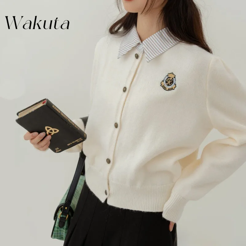 WAKUTA Japanese JK College Style POLO Collar Long-sleeved Fake Two-piece Splicing Knit Sweater Fall Cropped Cardigan 여성 반팔 니트