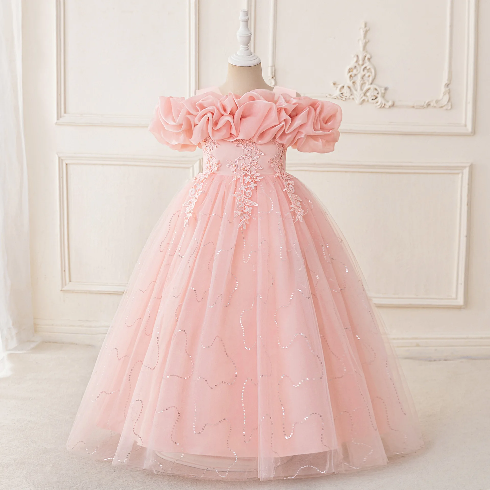 

Girls Party Dresses 130cm-170cm Princess Cosplay Dress Pink Puff Sleeve Wedding Birthday Photograph Children Costumes