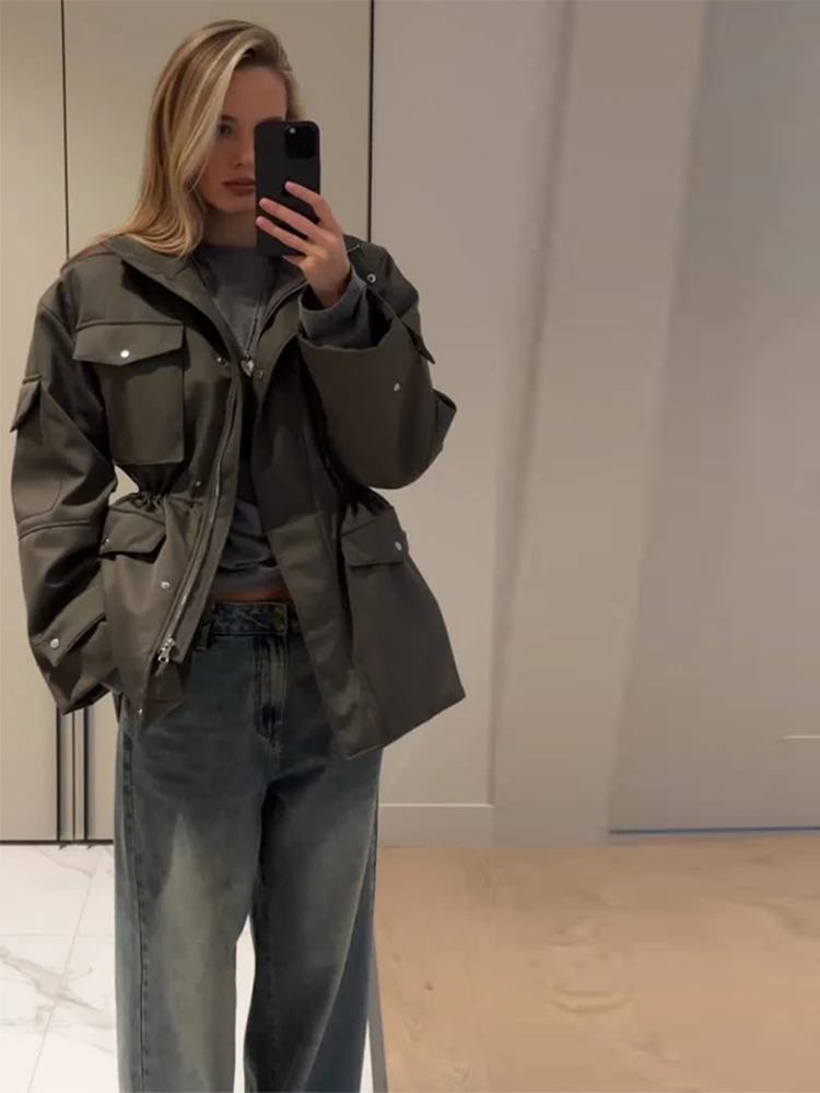 High Neck Zipper Multi Pockets Jacket Woman Solid Color Waist Cinched Long Sleeve Casual Coat Fashion Street Women's New Jackets 6
