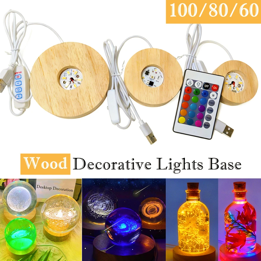 Interruttore da 100/80/60mm USB Luci decorative da tavolo in legno Base luminosa con telecomando Luce notturna a LED Display Supporto per luce Ornamento