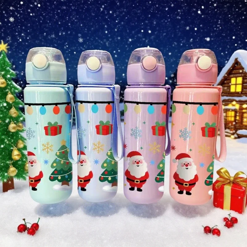 Botella de agua navideña con estampado 3D, bonito diseño de reno de Papá Noel, taza de agua de plástico de alta apariencia con dibujos animados de 700ML, a prueba de fugas