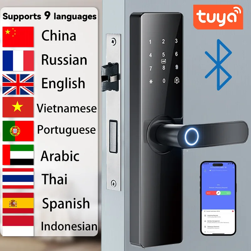 

Tuya App Biometric Fingerprint Door Lock Black Smart Lock Remote Unlocking Keyless Lock Electronic Door Lock