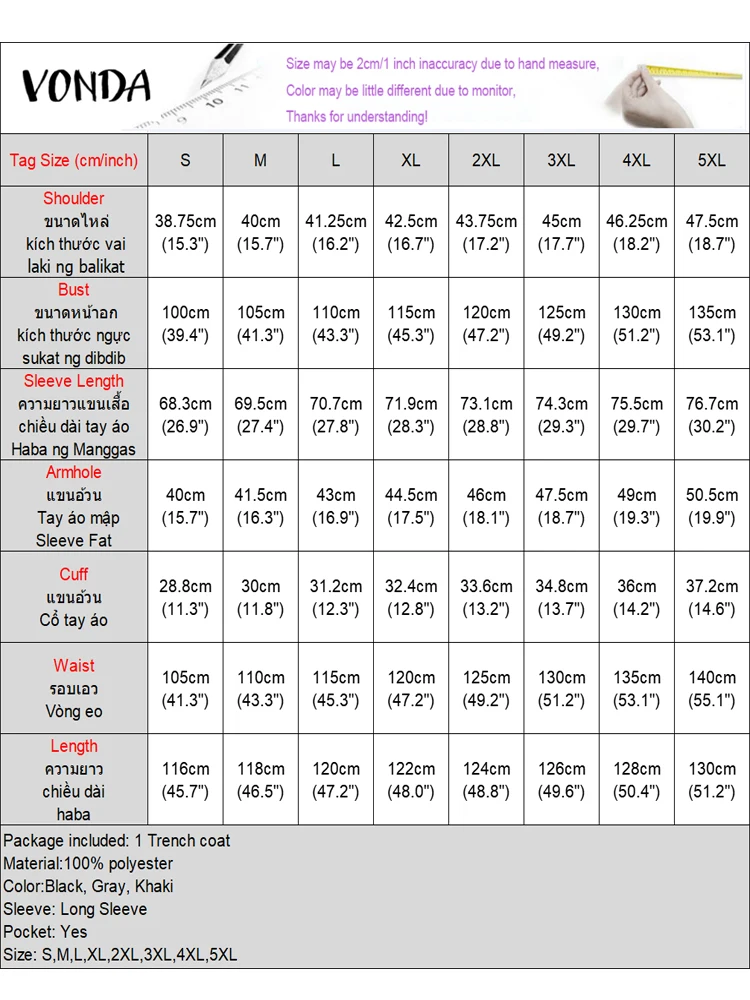 플러스 사이즈 VONDA 여성용 트렌치 2024 라펠 칼라 캐주얼 긴팔 바람막이, 우아한 팁 업 종아리 길이 재킷, 가을 겨울