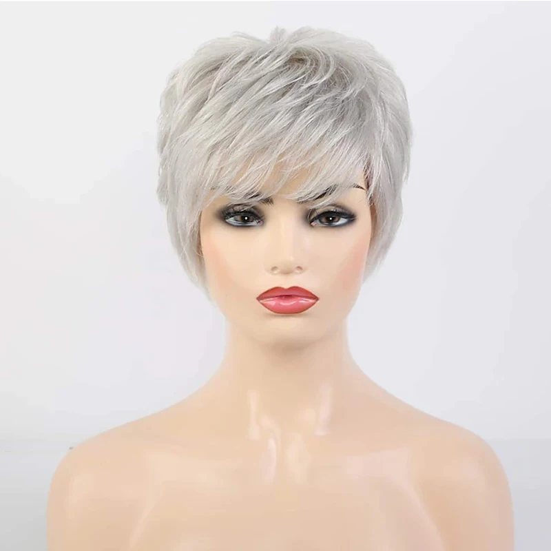 HAIRJOY Short Grey Wigs for White Women Mixed Gray Silver Curly  Wigs with Bangs Grandma Synthetic Short Hair Wigs