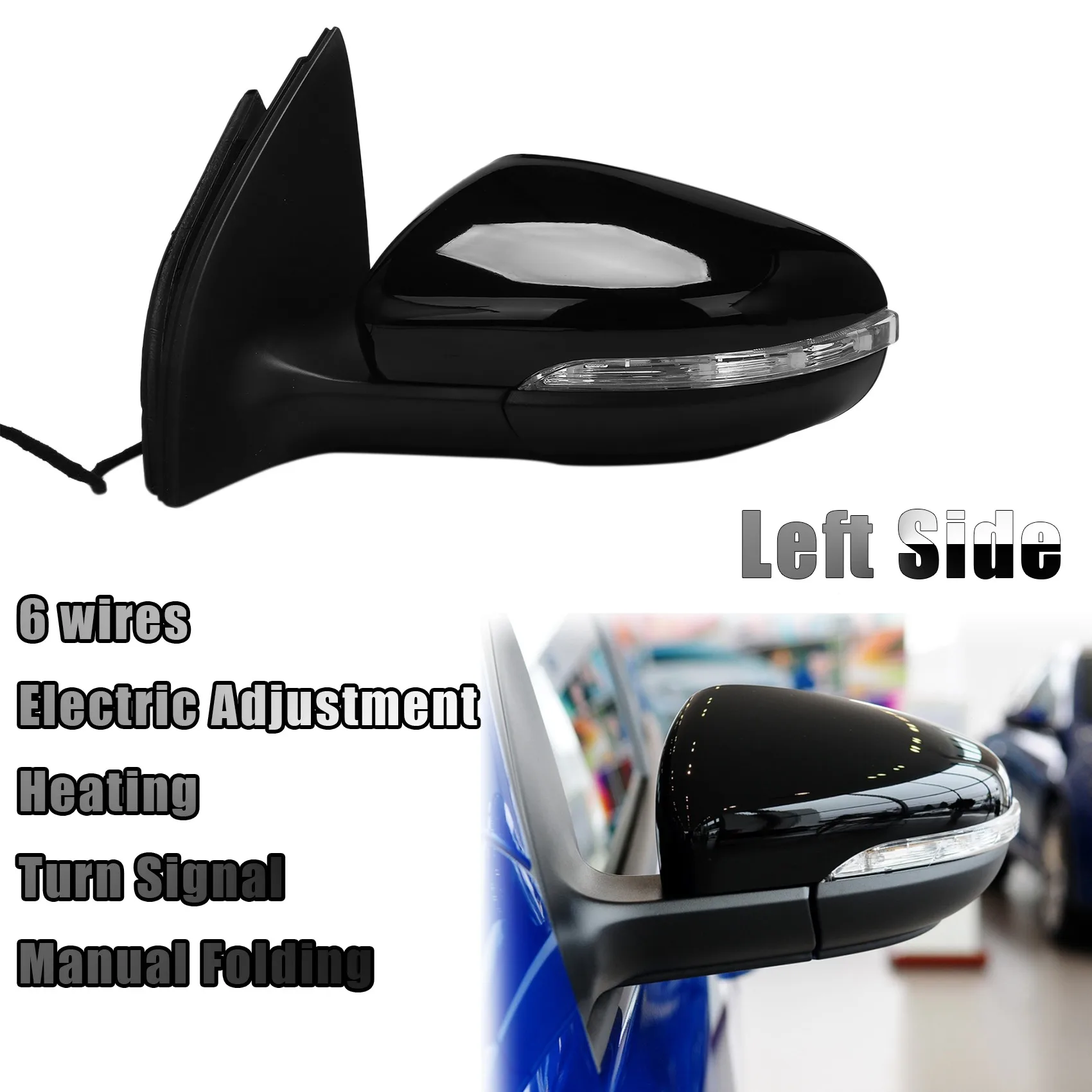 Right Side Door Rear View Mirror Assembly RH 6 Lines for Golf MK6 2009-2012 with Electric Adjustment / Heating Black