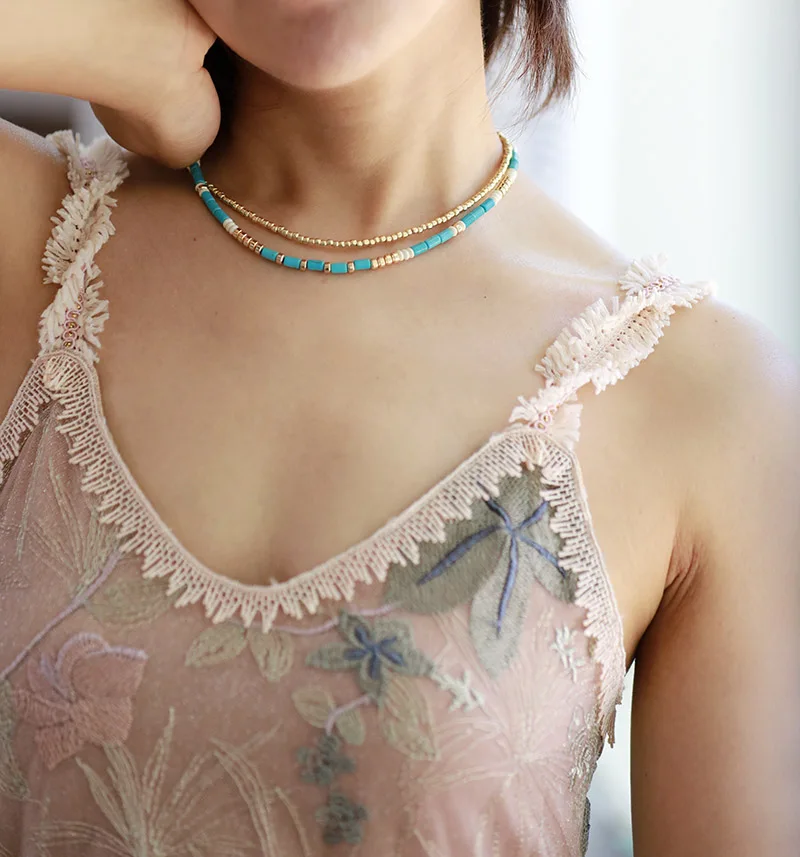 أحدث الذهب مطلي الفيروز الخرز البذور 2 الطبقات بيان قلادة مصمم النساء حبلا طوق المختنق مجوهرات #2