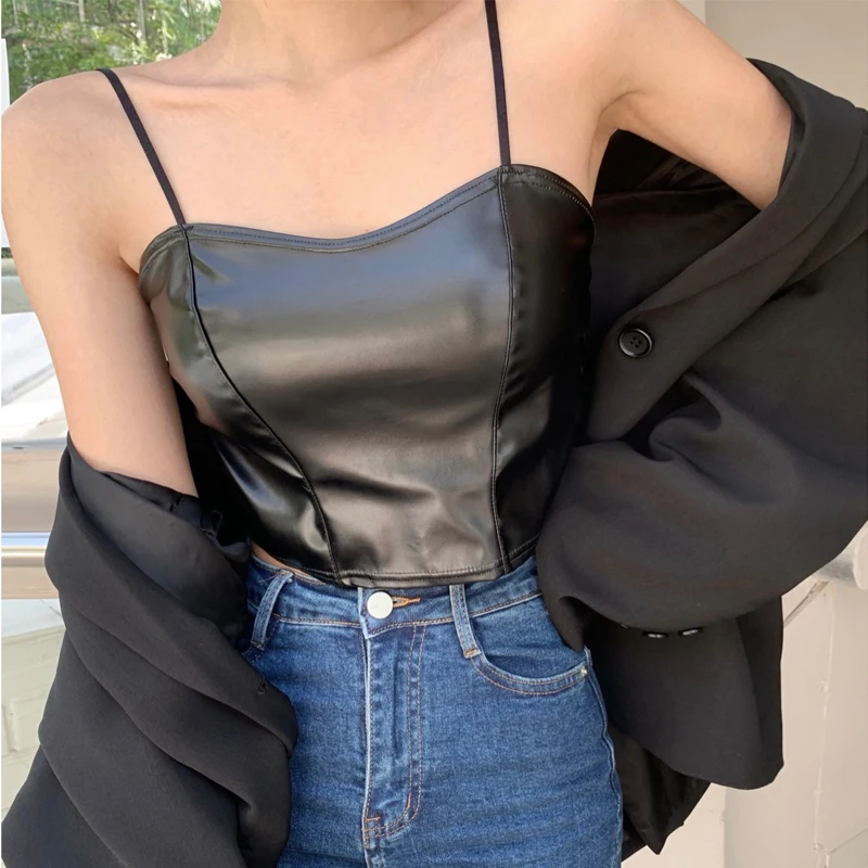 

Grunge PU Leather Tank Tops Women Fashion New Elastic Camis with Chest Pad Beautiful Back Corset Top Y2k Accessories