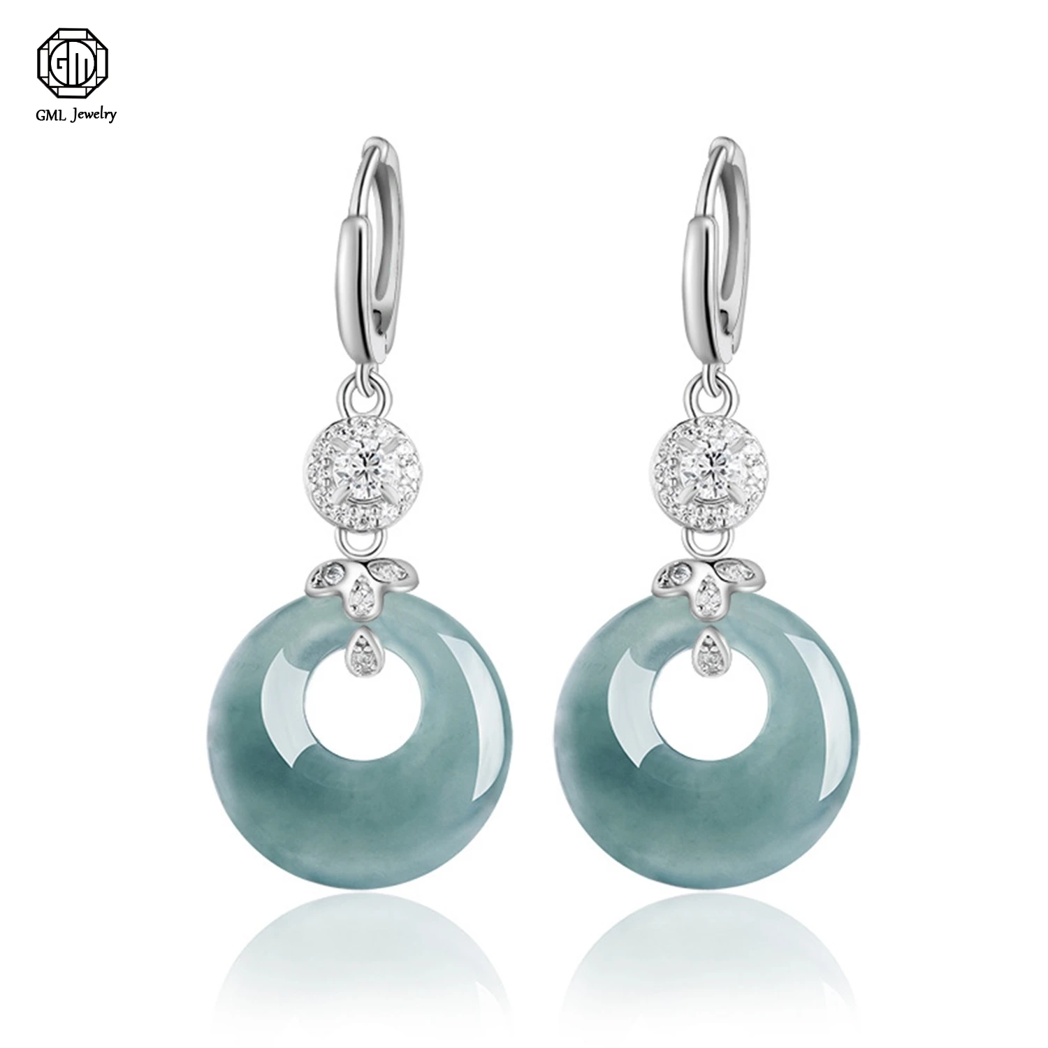

925 Silver Setting Natural Type A Jadeite Blue Water Jade Ring Drop Earrings Icy Type Fashion for Women Ear Jewelry