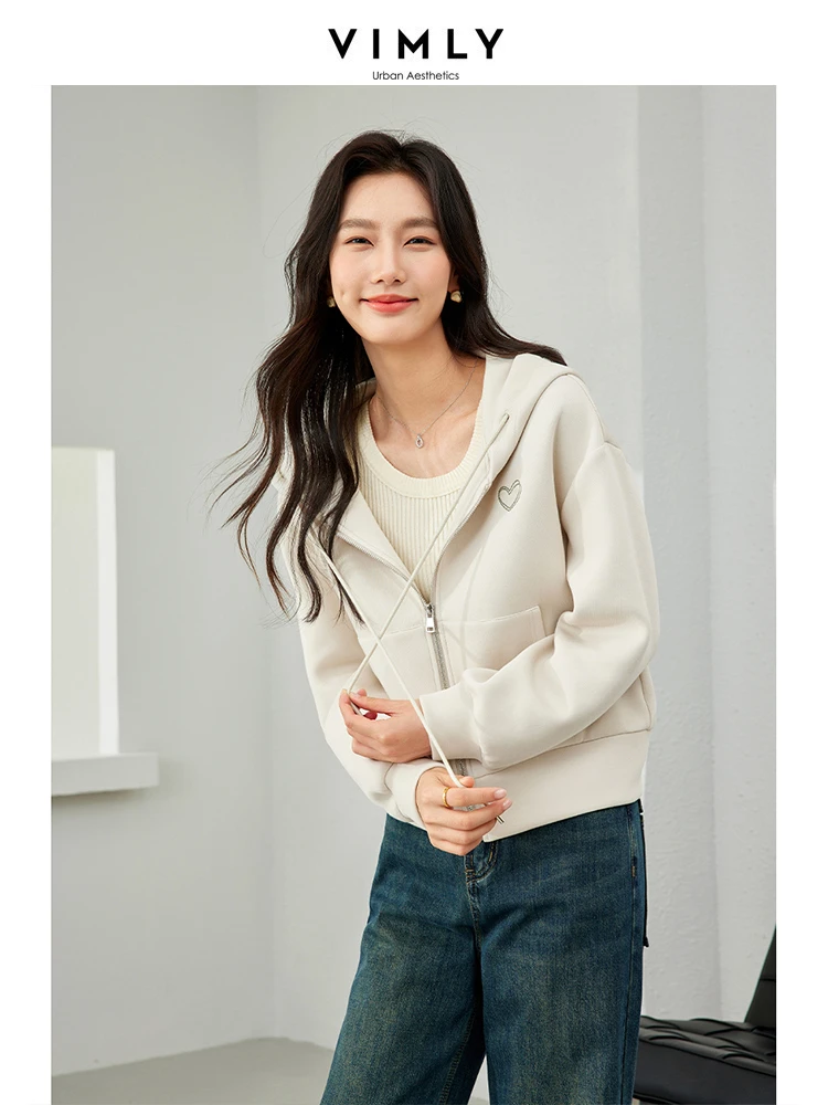 

Vimly Zip Up Hoodie Jacket for Women 2024 Spring Outerwear Casual Loose Embroidery Cotton Female Full Zipper Hooded Coat M5299