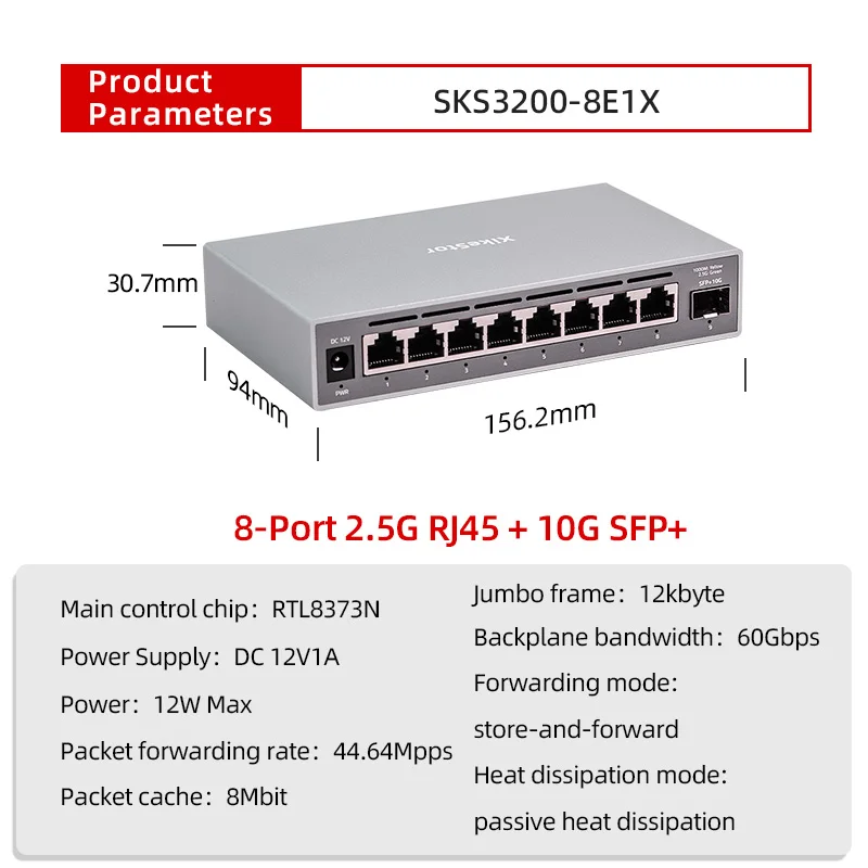 XikeStor 2.5G Simple L2 Managed Switch 8-Port 2.5G RJ45 1-Port 10G SFP+ Ethernet Switch Support VALN/ Port Aggregation One-click