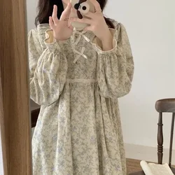 Floral Print Sleepwear Womens Nightgown Korean Vintage Ruffles Night Dress One Piece Pajamas Spring Long Sleeve Bow Home Wear