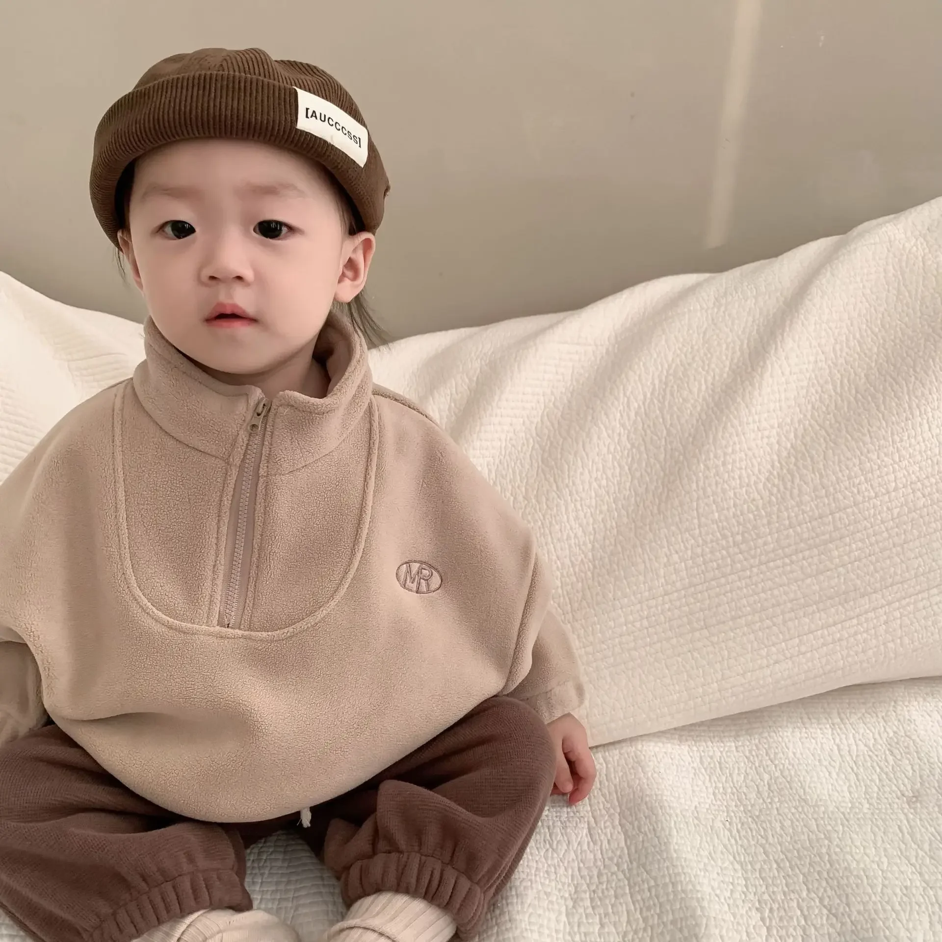 2023 Autumn Color Contrast Fleece Hoodie Pants Suit Warm Fashionable Two Piece Set Baby Clothing Winter Warm Korean Style