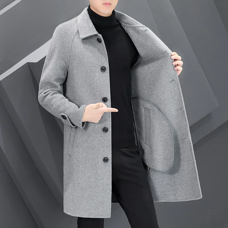 High Quality Mens Autumn Winter Wool Coats Business Casual Top Woolen Jacket Mid-Length Overcoat Double-Sided Windbreaker